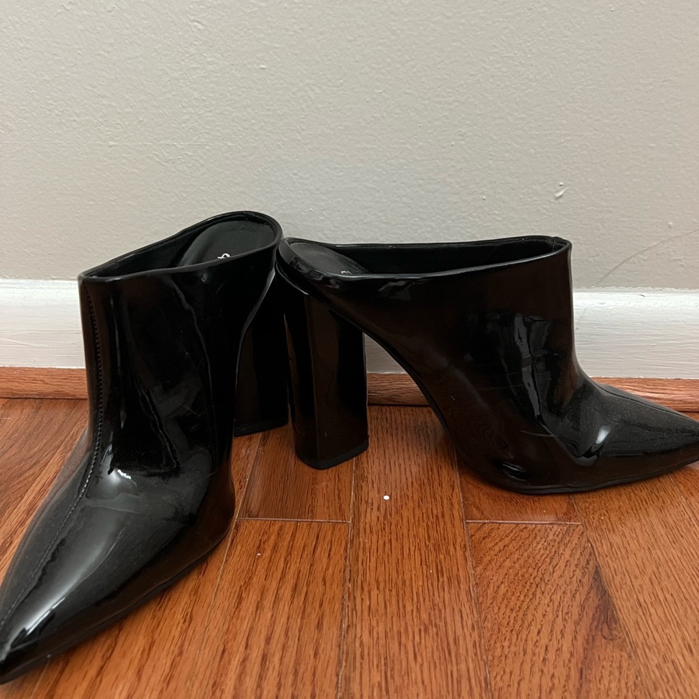 Faux patent leather mules